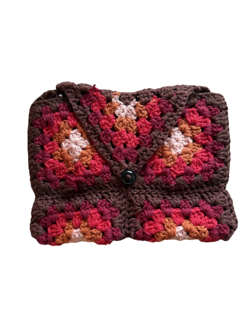 Handmade Crochet Granny Square Clutch in Brown with Pink & Orange Accents